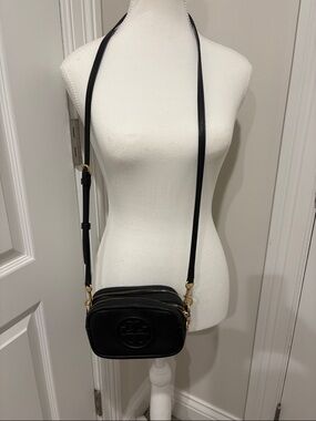 Tory Burch Black Leather Crossbody Camera Bag with Gold Hardware